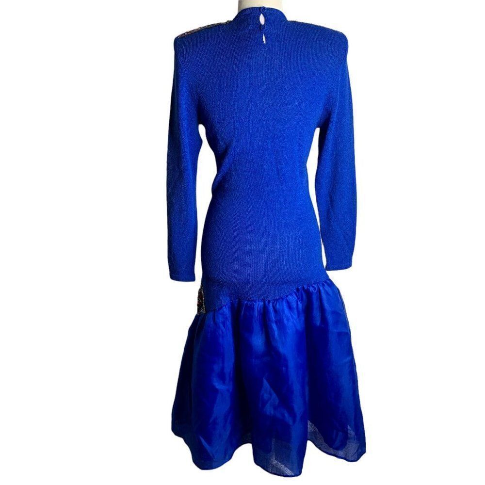 Vintage Donna Michele Dropped Waist Dress S Blue Knit Sequin Tulle Petti Skirt - Picture 9 of 10
